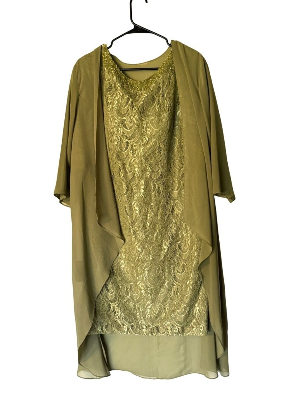 FeelTimes Celadon Green Lace Chiffon Dress Set Custom Size Beaded Neckline Elega